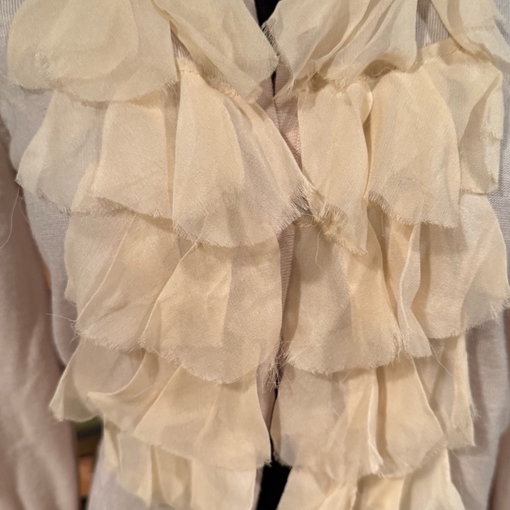 J.Crew Merino Wool Ruffle Front Cardigan Pink Tiered Silk Trim Sweater Small - Picture 2 of 3